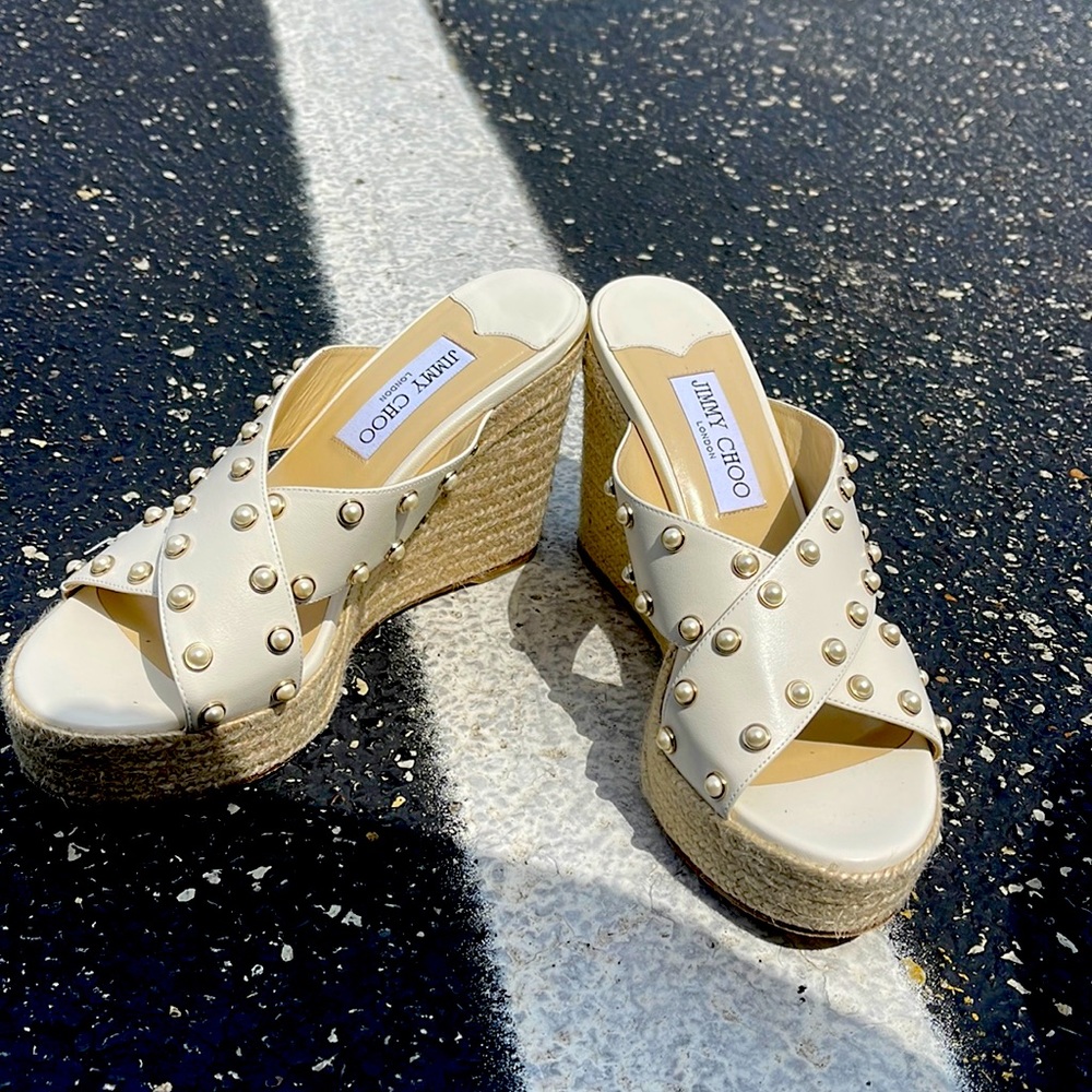 Jimmy Choo Wedges Dovina 100 Pearl Embellished size 38 (8US) like new